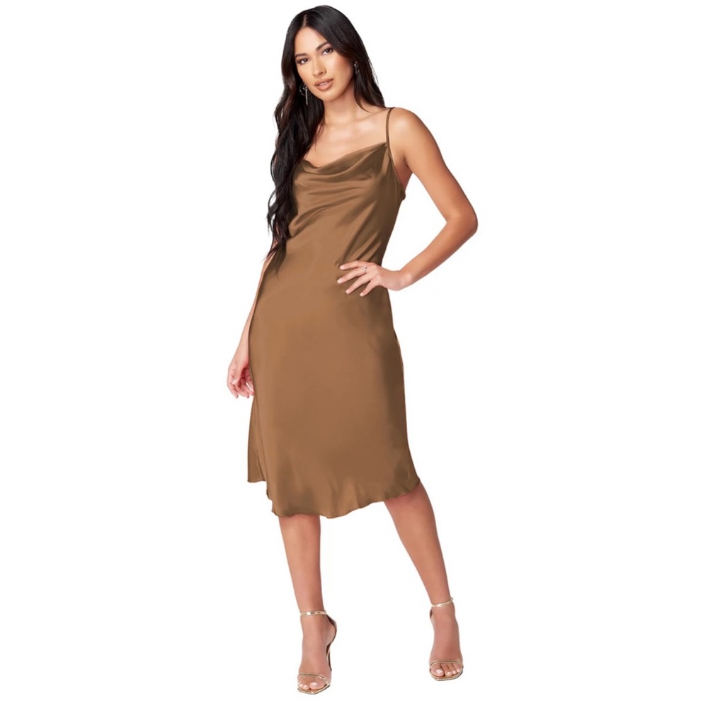 Bebe Satin Midi Slip Dress - Bronze, Large